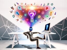 Mensch sitzt vor Computer mit leuchtender Frage „KI killt Kreativität?“, umgeben von bunten Ideen-Symbolen in einem kreativen Loft mit geometrischen Algorithmen-Schatten im Hintergrund.