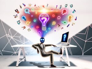 Mensch sitzt vor Computer mit leuchtender Frage „KI killt Kreativität?“, umgeben von bunten Ideen-Symbolen in einem kreativen Loft mit geometrischen Algorithmen-Schatten im Hintergrund.