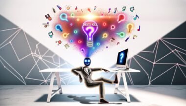 Mensch sitzt vor Computer mit leuchtender Frage „KI killt Kreativität?“, umgeben von bunten Ideen-Symbolen in einem kreativen Loft mit geometrischen Algorithmen-Schatten im Hintergrund.