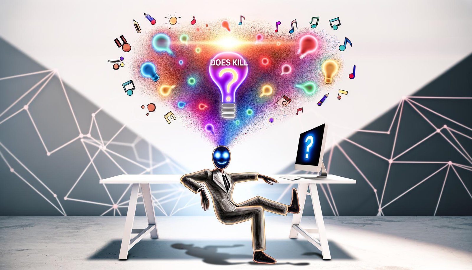 Mensch sitzt vor Computer mit leuchtender Frage „KI killt Kreativität?“, umgeben von bunten Ideen-Symbolen in einem kreativen Loft mit geometrischen Algorithmen-Schatten im Hintergrund.