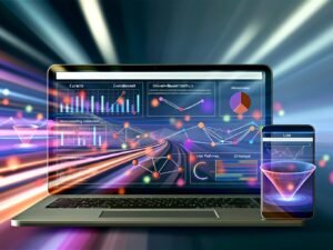 Modernes, leuchtendes GA4-Dashboard mit Event-Analysen und User Journeys auf Laptop und Smartphone, abstrakte Datenströme im Hintergrund und verblasstes Universal Analytics Dashboard.