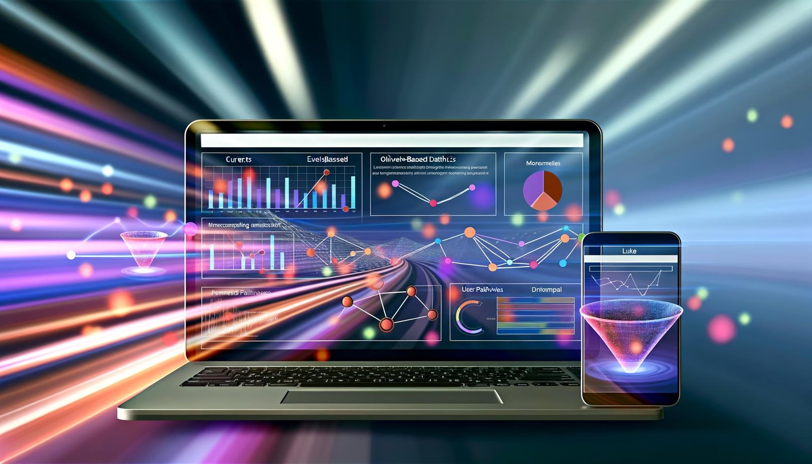 Modernes, leuchtendes GA4-Dashboard mit Event-Analysen und User Journeys auf Laptop und Smartphone, abstrakte Datenströme im Hintergrund und verblasstes Universal Analytics Dashboard.