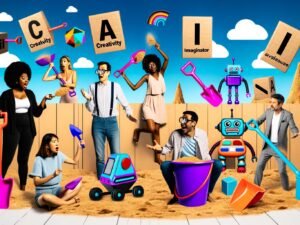 Mehrere Kreativ-Profis streiten sich in einem farbenfrohen digitalen Sandkasten um große Schaufeln, mit AI-Tool-Symbolen als Bauklötze und ironischen Schildern zu Kreativität und KI.