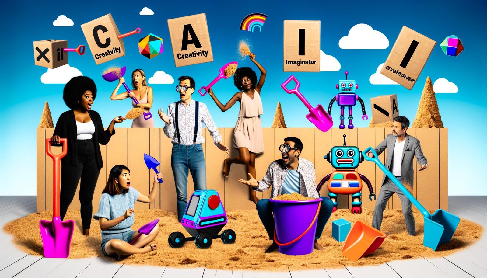 Mehrere Kreativ-Profis streiten sich in einem farbenfrohen digitalen Sandkasten um große Schaufeln, mit AI-Tool-Symbolen als Bauklötze und ironischen Schildern zu Kreativität und KI.