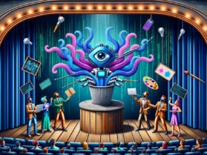 Digitale Theaterbühne mit KI-Maschine, klassischen Kunst-Elementen, gestikulierenden Marketern und Trend-Gurus vor kreativen Symbolen.