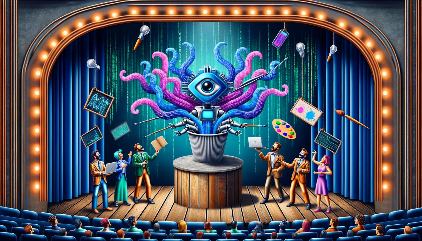 Digitale Theaterbühne mit KI-Maschine, klassischen Kunst-Elementen, gestikulierenden Marketern und Trend-Gurus vor kreativen Symbolen.