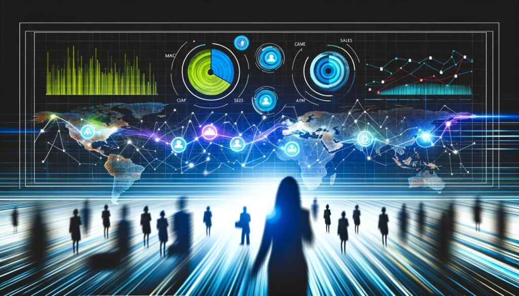 Modernes, dunkles HubSpot Analytics Dashboard mit bunten Diagrammen und KPIs, umgeben von Silhouetten interessierter Marketing- und Vertriebsteams, futuristische Benutzeroberfläche mit Cyberpunk-Flair.