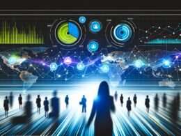 Modernes, dunkles HubSpot Analytics Dashboard mit bunten Diagrammen und KPIs, umgeben von Silhouetten interessierter Marketing- und Vertriebsteams, futuristische Benutzeroberfläche mit Cyberpunk-Flair.