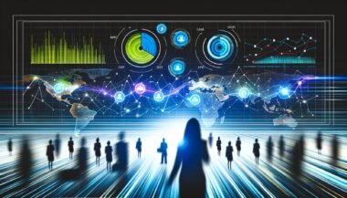 Modernes, dunkles HubSpot Analytics Dashboard mit bunten Diagrammen und KPIs, umgeben von Silhouetten interessierter Marketing- und Vertriebsteams, futuristische Benutzeroberfläche mit Cyberpunk-Flair.