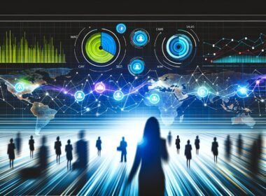 Modernes, dunkles HubSpot Analytics Dashboard mit bunten Diagrammen und KPIs, umgeben von Silhouetten interessierter Marketing- und Vertriebsteams, futuristische Benutzeroberfläche mit Cyberpunk-Flair.