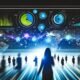 Modernes, dunkles HubSpot Analytics Dashboard mit bunten Diagrammen und KPIs, umgeben von Silhouetten interessierter Marketing- und Vertriebsteams, futuristische Benutzeroberfläche mit Cyberpunk-Flair.