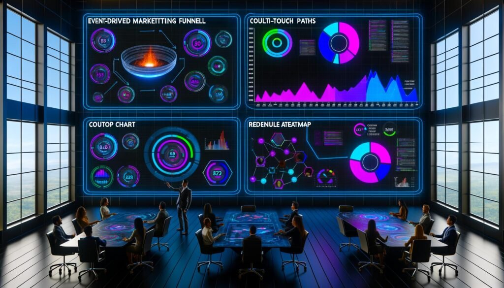 Futuristisches Marketing-Dashboard mit dynamischen Visualisierungen, verbundenen Klaviyo-, Shopify- und GA4-Logos und Marketers, die riesige KPIs und Metriken an digitalen Wänden analysieren.