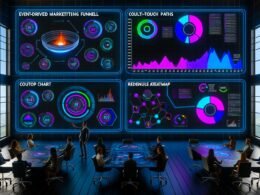 Futuristisches Marketing-Dashboard mit dynamischen Visualisierungen, verbundenen Klaviyo-, Shopify- und GA4-Logos und Marketers, die riesige KPIs und Metriken an digitalen Wänden analysieren.