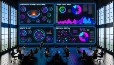 Futuristisches Marketing-Dashboard mit dynamischen Visualisierungen, verbundenen Klaviyo-, Shopify- und GA4-Logos und Marketers, die riesige KPIs und Metriken an digitalen Wänden analysieren.