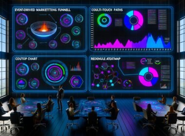 Futuristisches Marketing-Dashboard mit dynamischen Visualisierungen, verbundenen Klaviyo-, Shopify- und GA4-Logos und Marketers, die riesige KPIs und Metriken an digitalen Wänden analysieren.