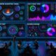 Futuristisches Marketing-Dashboard mit dynamischen Visualisierungen, verbundenen Klaviyo-, Shopify- und GA4-Logos und Marketers, die riesige KPIs und Metriken an digitalen Wänden analysieren.