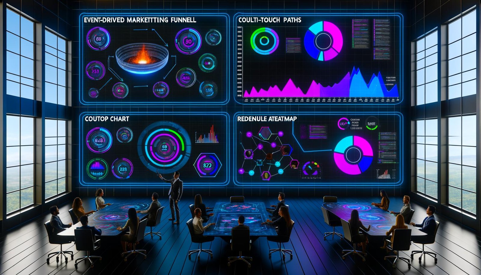 Futuristisches Marketing-Dashboard mit dynamischen Visualisierungen, verbundenen Klaviyo-, Shopify- und GA4-Logos und Marketers, die riesige KPIs und Metriken an digitalen Wänden analysieren.
