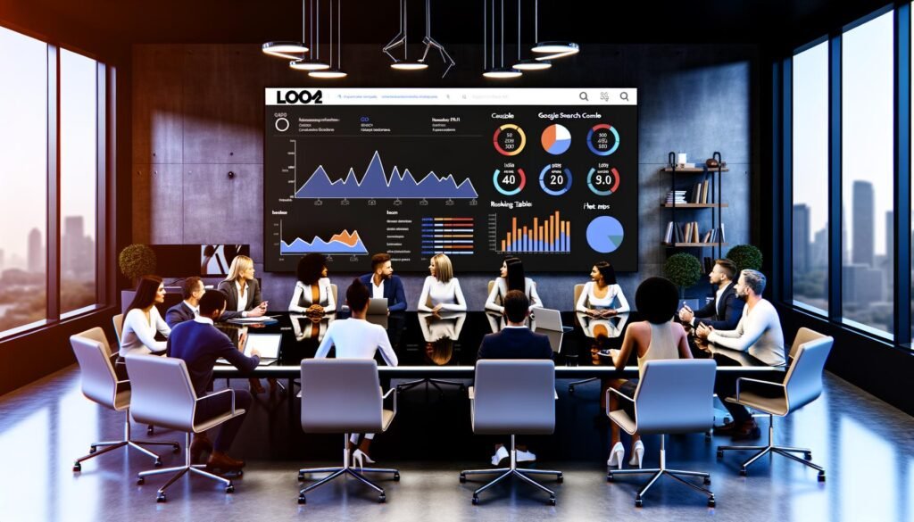 Team arbeitet konzentriert an einem modernen SEO-Dashboard im Büro, das interaktive Diagramme und Heatmaps aus verschiedenen SEO-Quellen auf einem Bildschirm zeigt. Im Hintergrund dezente 404 Magazine Markenkennzeichnung.