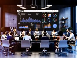 Team arbeitet konzentriert an einem modernen SEO-Dashboard im Büro, das interaktive Diagramme und Heatmaps aus verschiedenen SEO-Quellen auf einem Bildschirm zeigt. Im Hintergrund dezente 404 Magazine Markenkennzeichnung.