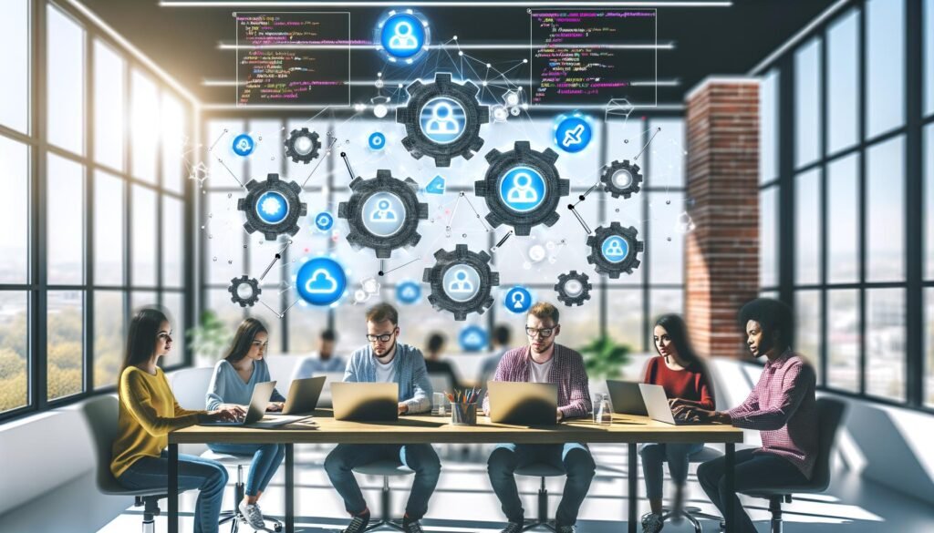 Dynamisches Content-Team arbeitet im modernen Büro an Laptops, mit schwebenden Icons für Automatisierung, Workflows und digitale Effizienz.