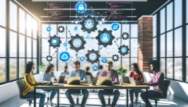 Dynamisches Content-Team arbeitet im modernen Büro an Laptops, mit schwebenden Icons für Automatisierung, Workflows und digitale Effizienz.