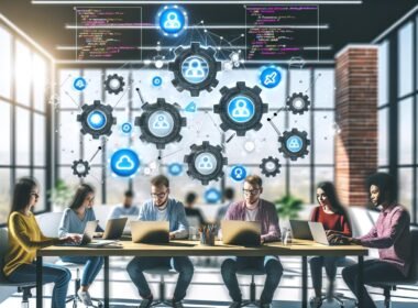 Dynamisches Content-Team arbeitet im modernen Büro an Laptops, mit schwebenden Icons für Automatisierung, Workflows und digitale Effizienz.