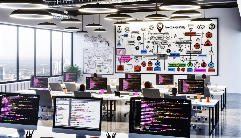 Modernes, sauberes Büro mit Entwicklern und Redakteuren an Laptops, großen Displays mit Workflow-Diagrammen, Code und Automatisierungstriggern sowie einem zentralen Dashboard für Webhooks und API-Calls.