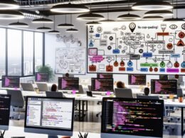 Modernes, sauberes Büro mit Entwicklern und Redakteuren an Laptops, großen Displays mit Workflow-Diagrammen, Code und Automatisierungstriggern sowie einem zentralen Dashboard für Webhooks und API-Calls.