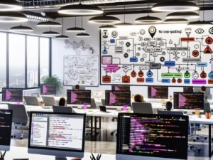 Modernes, sauberes Büro mit Entwicklern und Redakteuren an Laptops, großen Displays mit Workflow-Diagrammen, Code und Automatisierungstriggern sowie einem zentralen Dashboard für Webhooks und API-Calls.