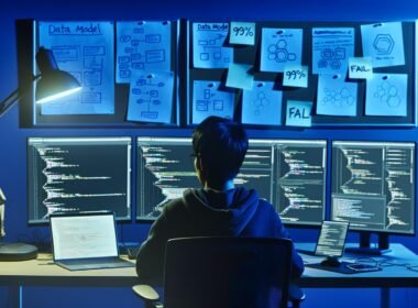 Entwickler am Schreibtisch bei Nacht, vor mehreren Monitoren mit Code, Diagrammen und Strapi-Admin-Oberfläche, moderne Technik und Whiteboard mit Notizen und Datenmodellen