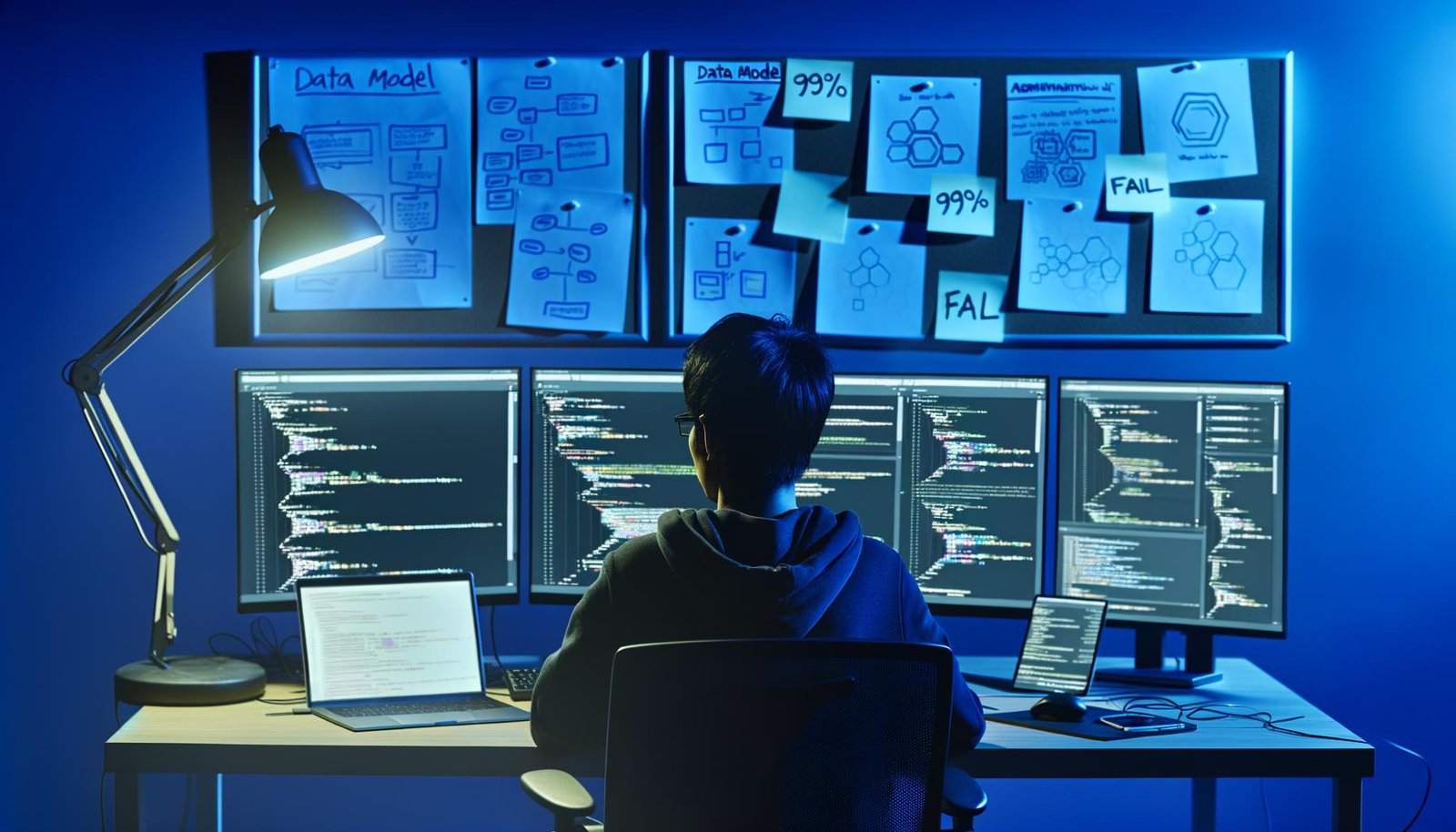 Entwickler am Schreibtisch bei Nacht, vor mehreren Monitoren mit Code, Diagrammen und Strapi-Admin-Oberfläche, moderne Technik und Whiteboard mit Notizen und Datenmodellen