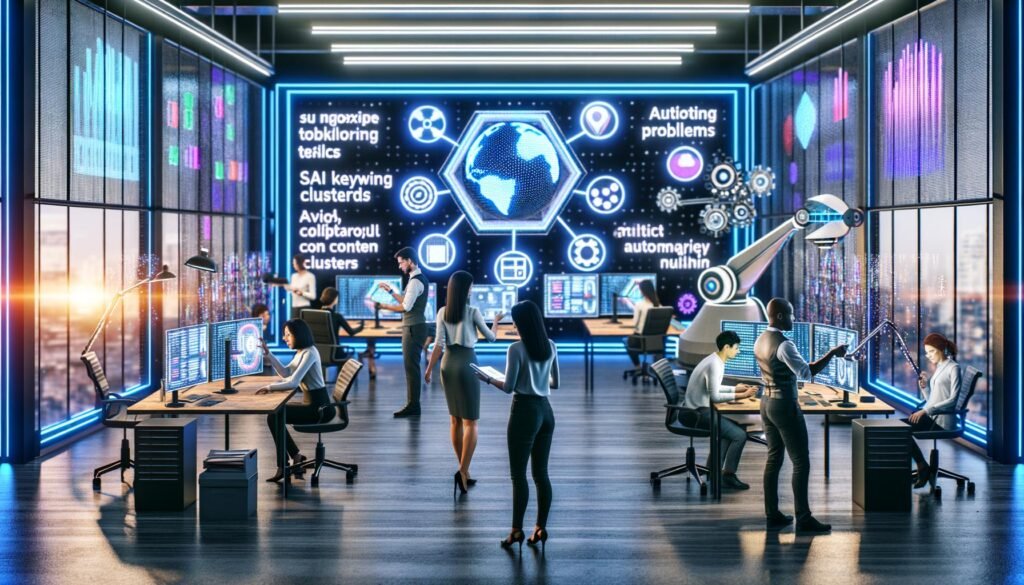 Futuristisches Großraumbüro mit diversen Teams, die an holografischen Bildschirmen für Analytics, Content und SEO arbeiten – unterstützt von KI und Robotik.
