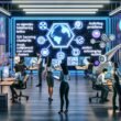Futuristisches Großraumbüro mit diversen Teams, die an holografischen Bildschirmen für Analytics, Content und SEO arbeiten – unterstützt von KI und Robotik.