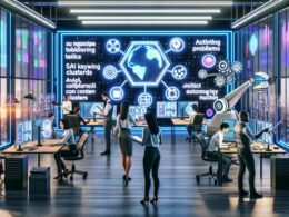 Futuristisches Großraumbüro mit diversen Teams, die an holografischen Bildschirmen für Analytics, Content und SEO arbeiten – unterstützt von KI und Robotik.