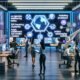Futuristisches Großraumbüro mit diversen Teams, die an holografischen Bildschirmen für Analytics, Content und SEO arbeiten – unterstützt von KI und Robotik.