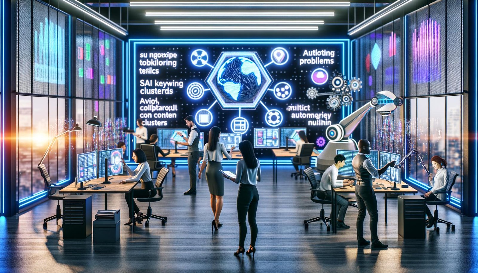 Futuristisches Großraumbüro mit diversen Teams, die an holografischen Bildschirmen für Analytics, Content und SEO arbeiten – unterstützt von KI und Robotik.
