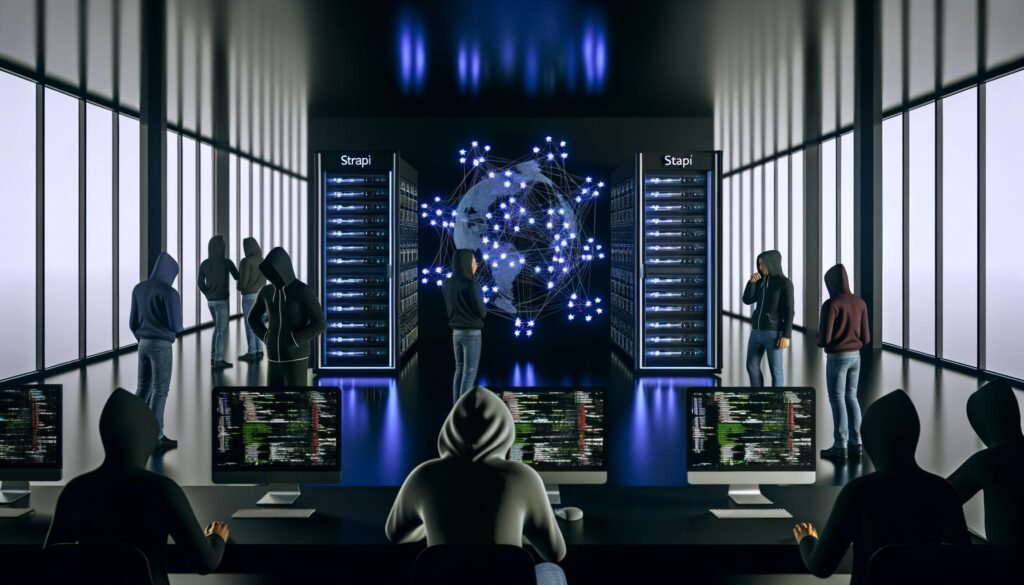 Moderne, düstere Bürolandschaft mit leuchtenden Strapi-Server-Racks, Netzwerkverbindungen über digitalen Globus und Entwickler:innen vor Monitors mit Architekturskizzen.