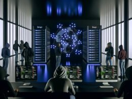 Moderne, düstere Bürolandschaft mit leuchtenden Strapi-Server-Racks, Netzwerkverbindungen über digitalen Globus und Entwickler:innen vor Monitors mit Architekturskizzen.