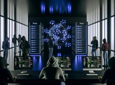 Moderne, düstere Bürolandschaft mit leuchtenden Strapi-Server-Racks, Netzwerkverbindungen über digitalen Globus und Entwickler:innen vor Monitors mit Architekturskizzen.