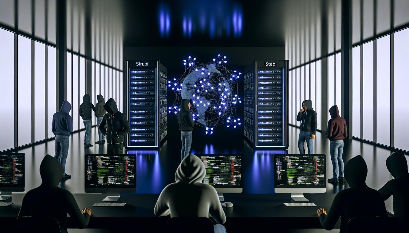 Moderne, düstere Bürolandschaft mit leuchtenden Strapi-Server-Racks, Netzwerkverbindungen über digitalen Globus und Entwickler:innen vor Monitors mit Architekturskizzen.
