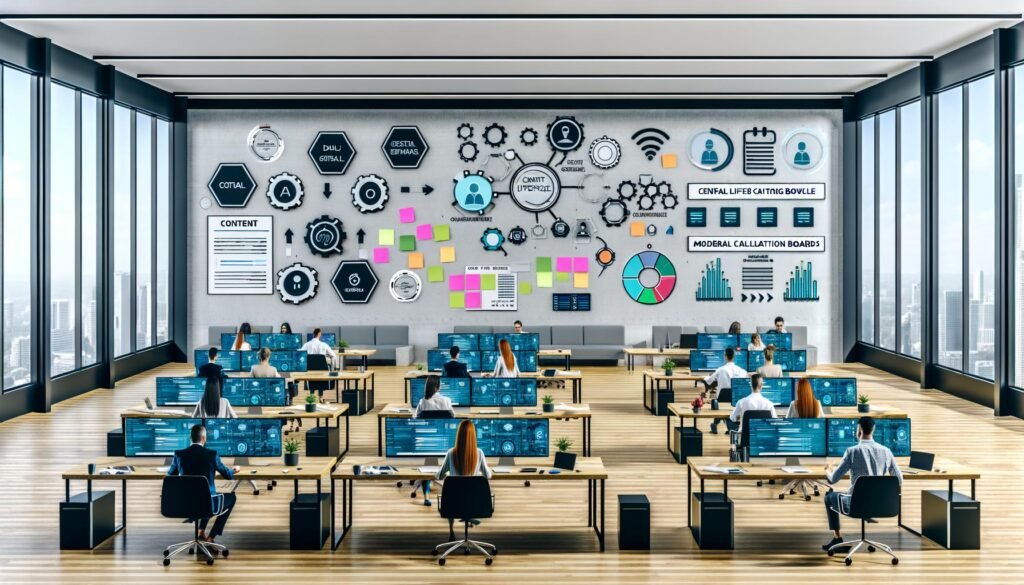 Content-Team arbeitet konzentriert im modernen Großraumbüro mit digitalen Tools, großen Monitoren, KI-Icons und kreativen Arbeitsmethoden.