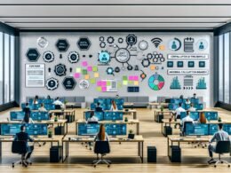 Content-Team arbeitet konzentriert im modernen Großraumbüro mit digitalen Tools, großen Monitoren, KI-Icons und kreativen Arbeitsmethoden.