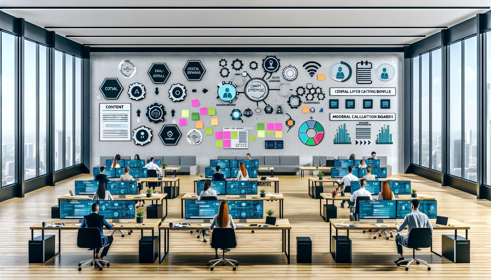 Content-Team arbeitet konzentriert im modernen Großraumbüro mit digitalen Tools, großen Monitoren, KI-Icons und kreativen Arbeitsmethoden.
