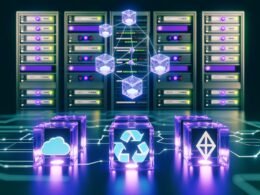 Server-Rack mit LEDs, schwebende API-Würfel, Strapi-Logo und Netzwerkverbindungen zu Frontend-Symbolen wie React, Vue, Flutter und Next.js vor Architekturdiagramm mit Containern und Load Balancer.