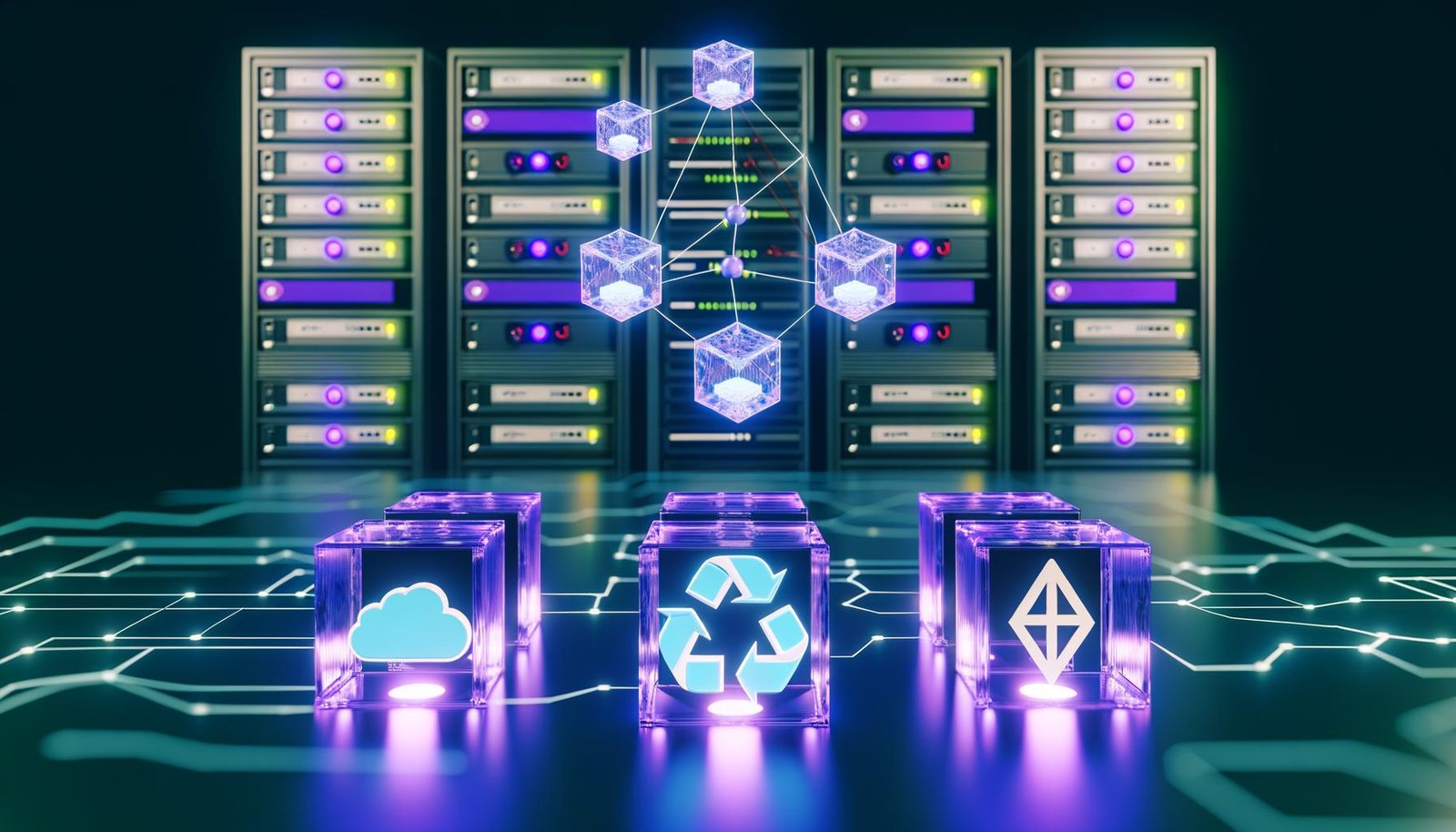 Server-Rack mit LEDs, schwebende API-Würfel, Strapi-Logo und Netzwerkverbindungen zu Frontend-Symbolen wie React, Vue, Flutter und Next.js vor Architekturdiagramm mit Containern und Load Balancer.