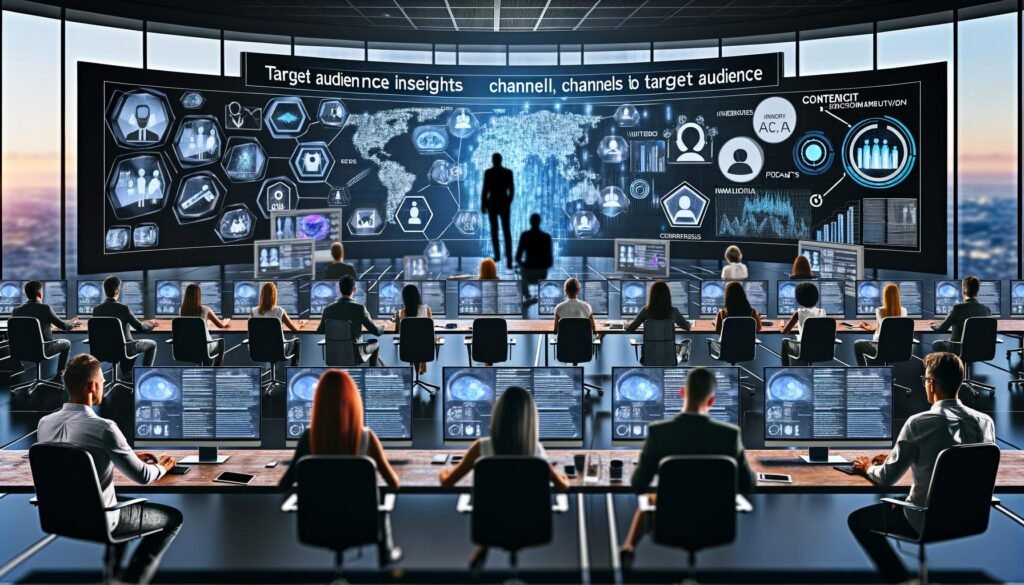 Kreative Fachkräfte in einer digitalen Steuerzentrale mit Tablets, Laptops und großen Monitoren, gesteuert von KI-gestützter Content-Verteilung und datenbasierten Diagrammen.