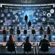 Kreative Fachkräfte in einer digitalen Steuerzentrale mit Tablets, Laptops und großen Monitoren, gesteuert von KI-gestützter Content-Verteilung und datenbasierten Diagrammen.