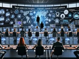 Kreative Fachkräfte in einer digitalen Steuerzentrale mit Tablets, Laptops und großen Monitoren, gesteuert von KI-gestützter Content-Verteilung und datenbasierten Diagrammen.