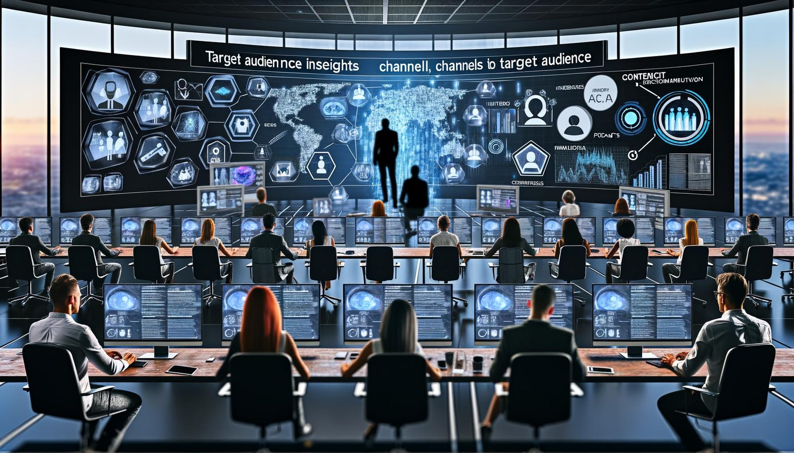 Kreative Fachkräfte in einer digitalen Steuerzentrale mit Tablets, Laptops und großen Monitoren, gesteuert von KI-gestützter Content-Verteilung und datenbasierten Diagrammen.