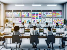Modernes Büro mit großen Schreibtischen, mehreren Bildschirmen mit Content Creation Plattform und Team bei gemeinsamer Arbeit, digitale Whiteboards im Hintergrund.